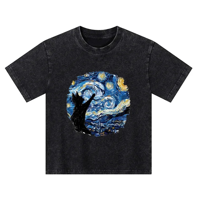 Kyoto-Lion Starry Night Black Cat Kids Washed T-Shirt