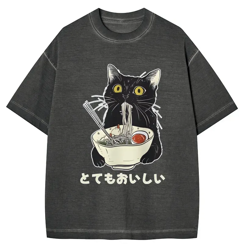 japanese cat eating ramen t-shirt