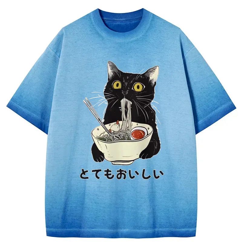 Kyoto-Lion Cats Eat Ramen Noodles Gradient Washed T-Shirt
