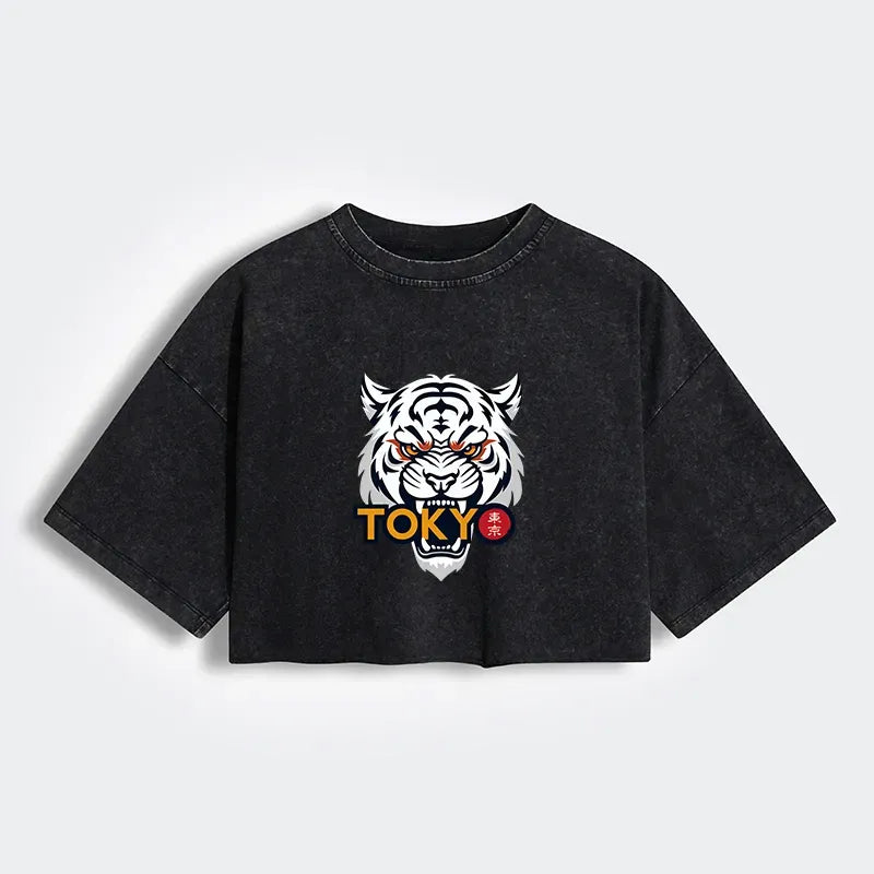 Kyoto-Lion Logo Women's Washed Crop T-Shirt