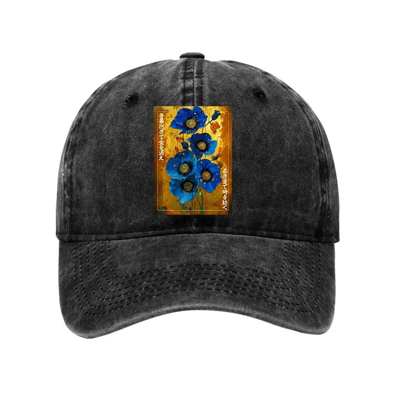 Kyoto-Lion Shiny Blue Flower Warm Golden Background Washed Cap