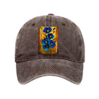 Kyoto-Lion Shiny Blue Flower Warm Golden Background Washed Cap