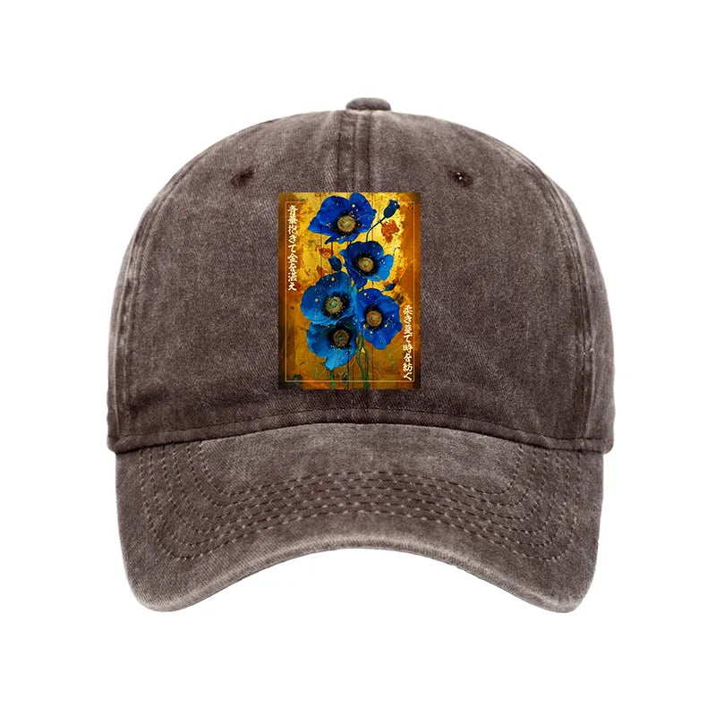 Kyoto-Lion Shiny Blue Flower Warm Golden Background Washed Cap