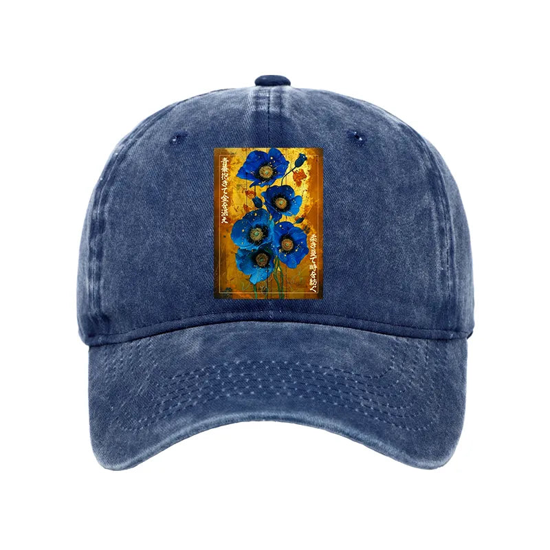 Kyoto-Lion Shiny Blue Flower Warm Golden Background Washed Cap