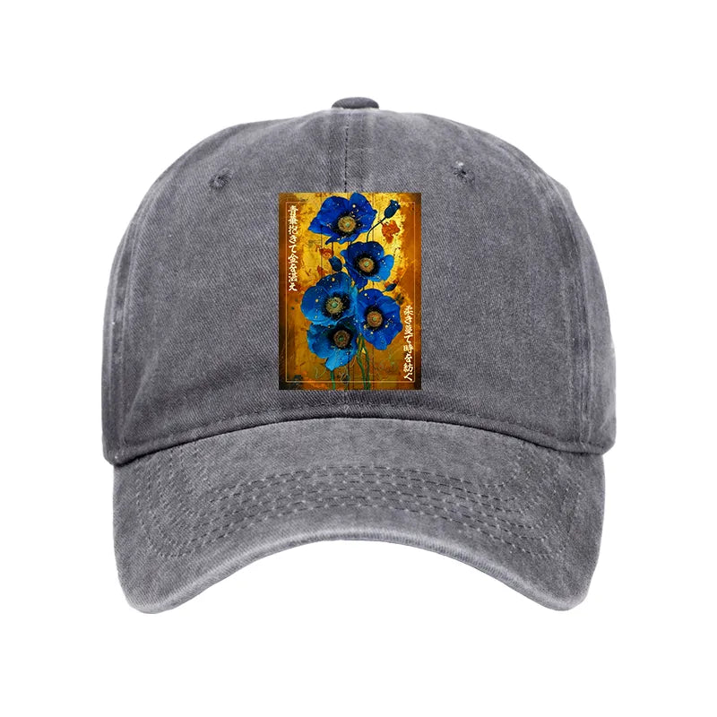Kyoto-Lion Shiny Blue Flower Warm Golden Background Washed Cap