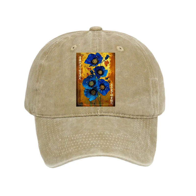 Kyoto-Lion Shiny Blue Flower Warm Golden Background Washed Cap