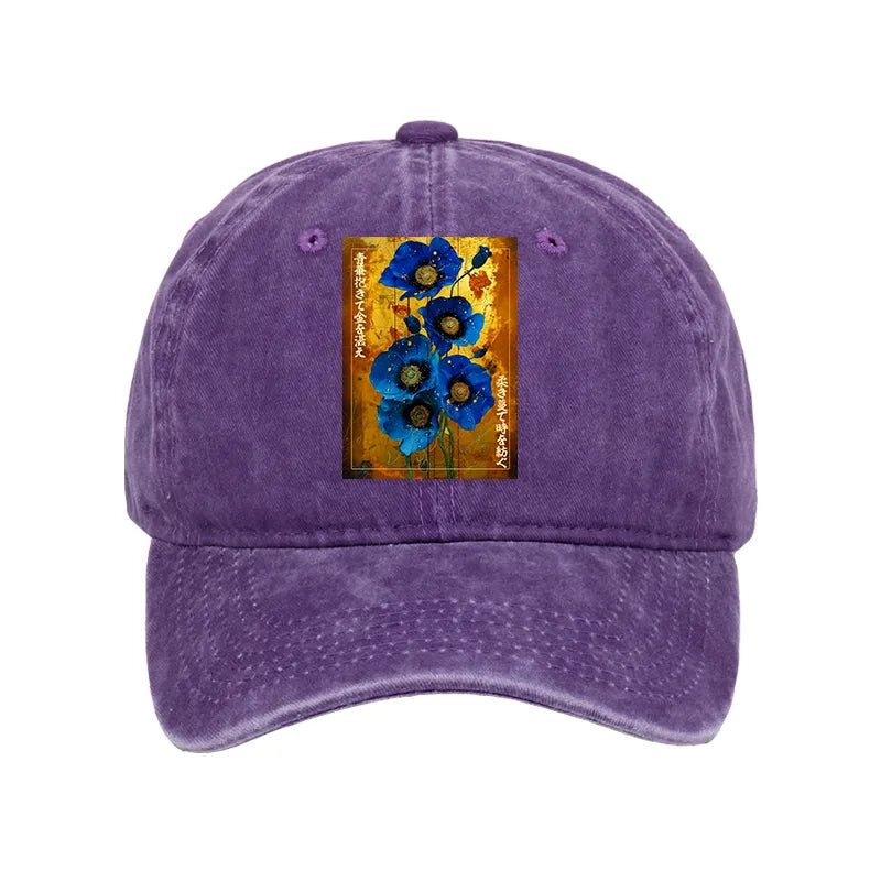 Kyoto-Lion Shiny Blue Flower Warm Golden Background Washed Cap
