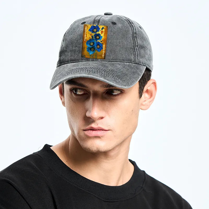 Kyoto-Lion Shiny Blue Flower Warm Golden Background Washed Cap