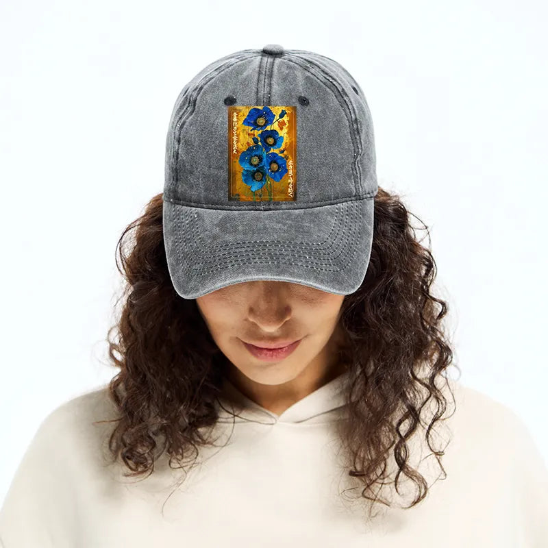 Kyoto-Lion Shiny Blue Flower Warm Golden Background Washed Cap