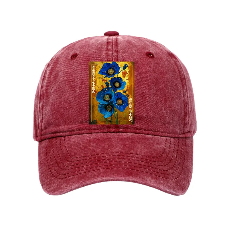 Kyoto-Lion Shiny Blue Flower Warm Golden Background Washed Cap
