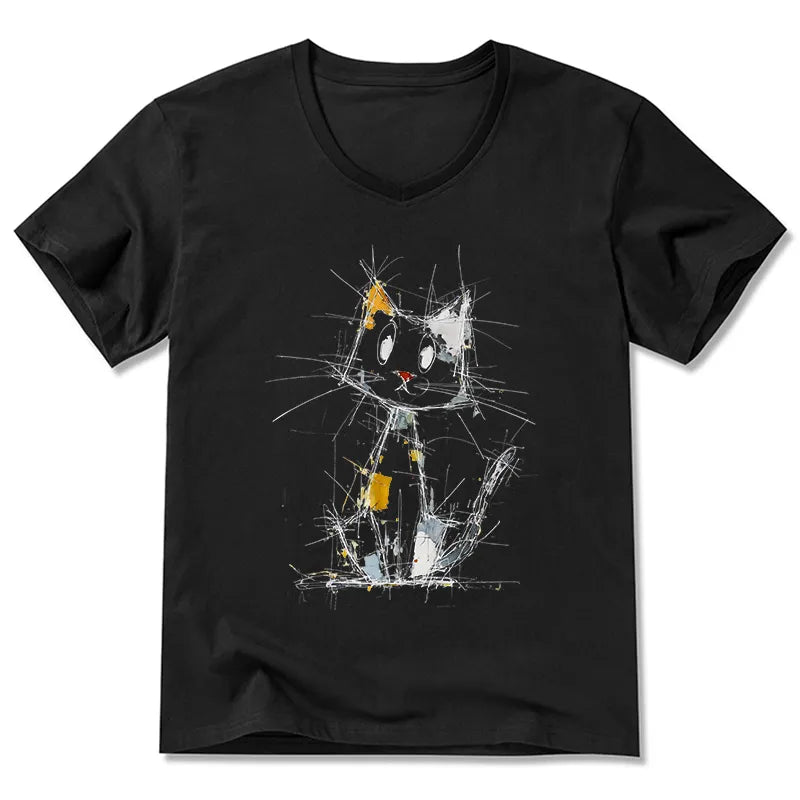 Kyoto-Lion Minimal Splash Ink Cute Cat V-Neck Classic T-Shirt