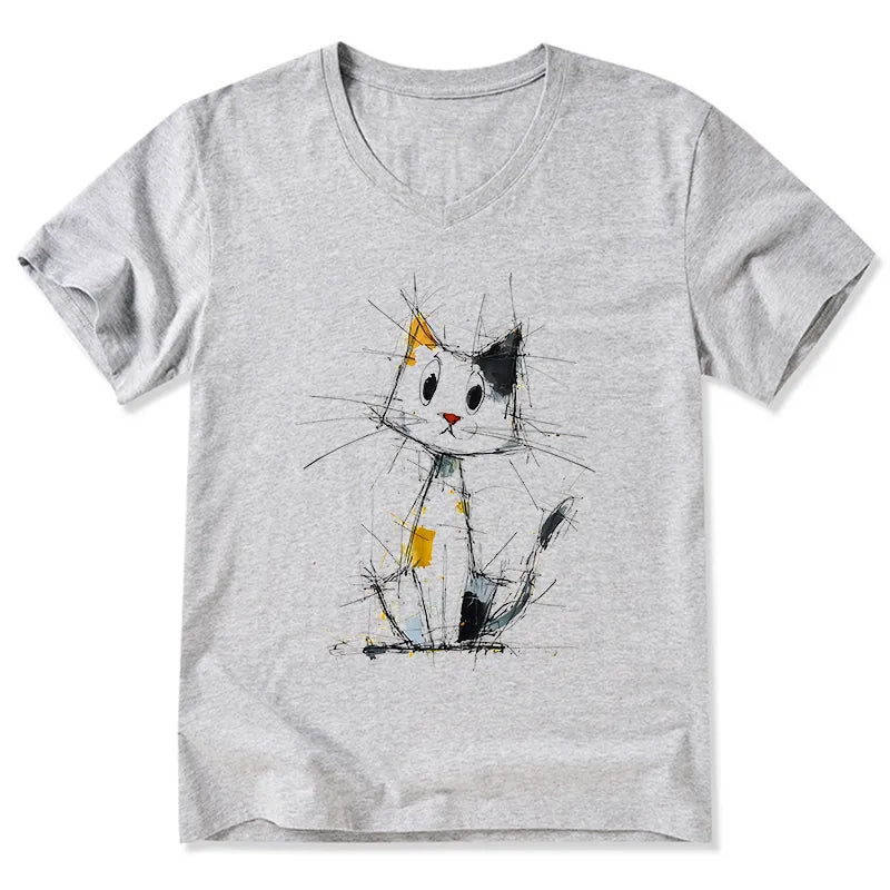 Kyoto-Lion Minimal Splash Ink Cute Cat V-Neck Classic T-Shirt