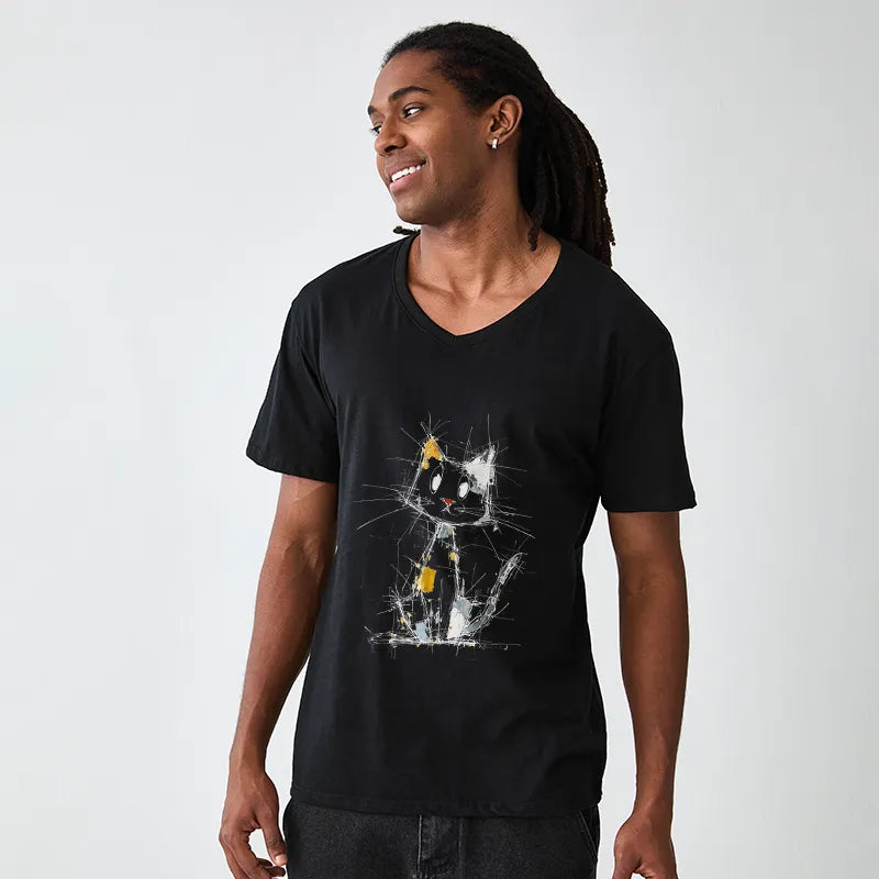 Kyoto-Lion Minimal Splash Ink Cute Cat V-Neck Classic T-Shirt