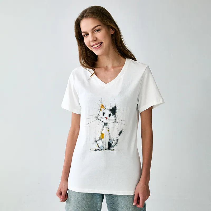 Kyoto-Lion Minimal Splash Ink Cute Cat V-Neck Classic T-Shirt