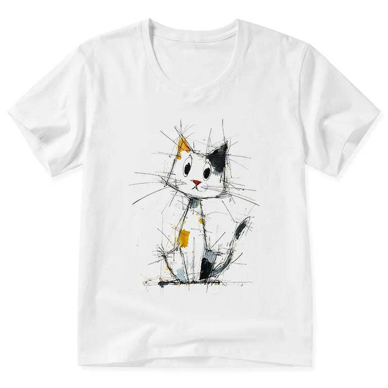 Kyoto-Lion Minimal Splash Ink Cute Cat V-Neck Classic T-Shirt