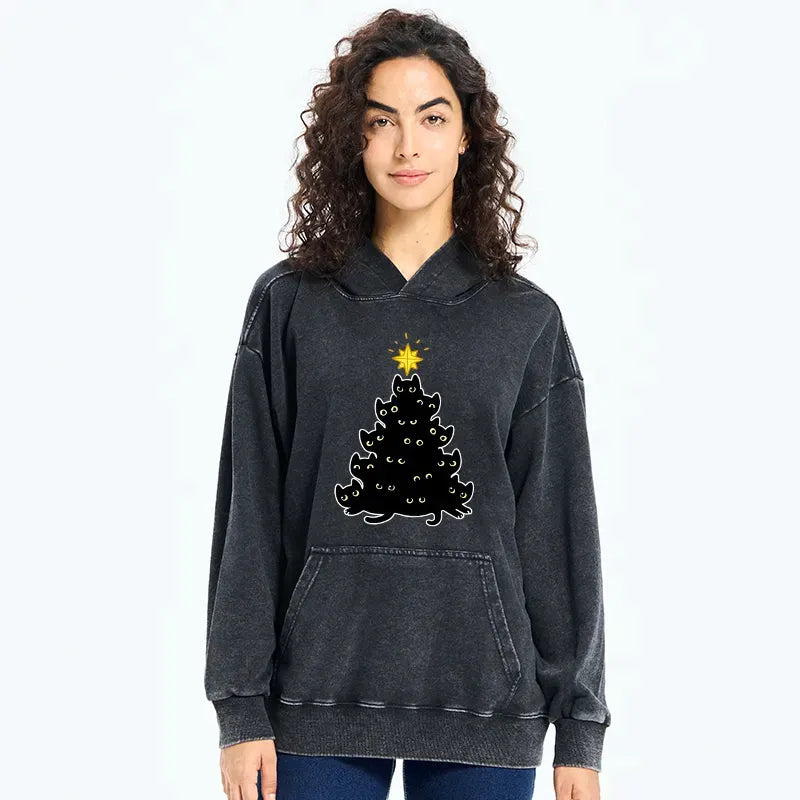 Kyoto-Lion Black Cat Christmas Tree Washed Hoodie