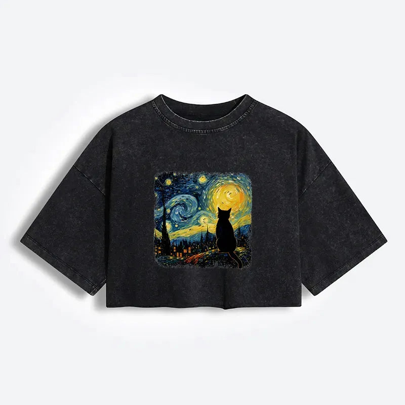Kyoto-Lion The Starry Night Cat Women's Washed Crop T-Shirt