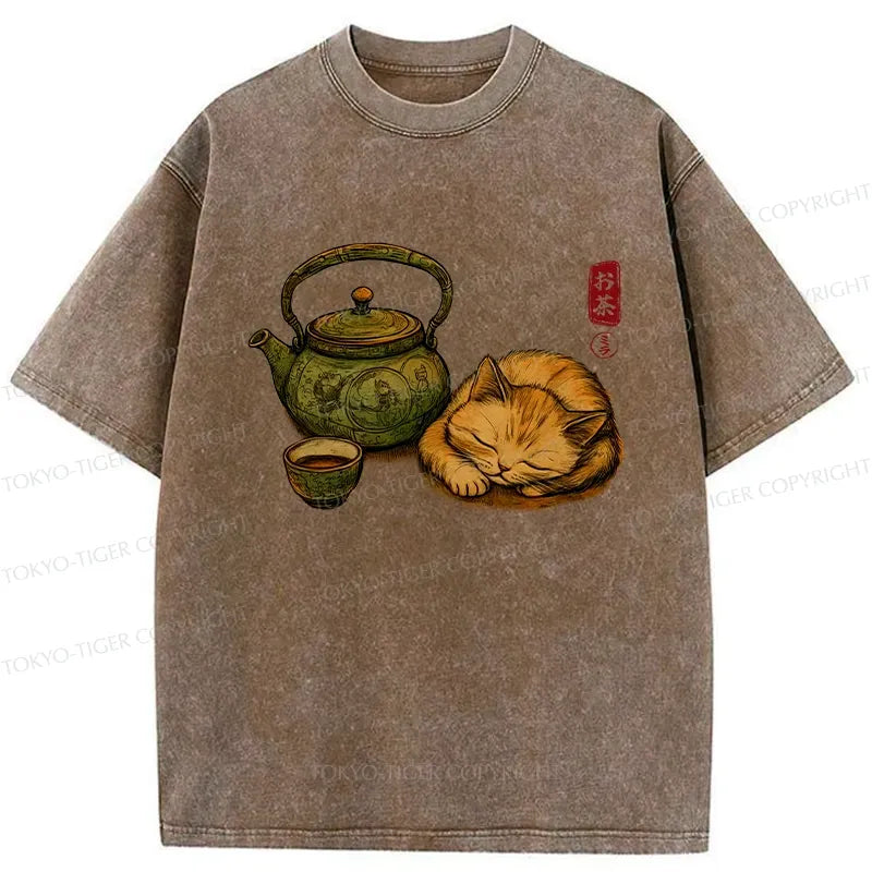 Kyoto-Lion Tea Ceremony With Cat Washed T-Shirt