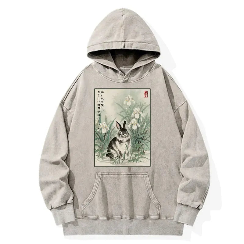 Kyoto-Lion Little Rabbit Beneath the Blooming Irises Washed Hoodie
