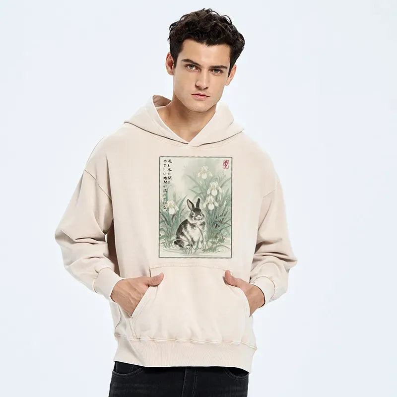 Kyoto-Lion Little Rabbit Beneath the Blooming Irises Washed Hoodie