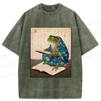 Kyoto-Lion Frog Reading Japanese Washed T-Shirt