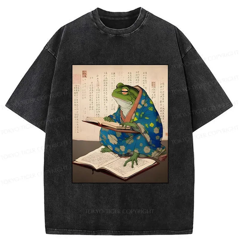Kyoto-Lion Frog Reading Japanese Washed T-Shirt