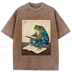 Kyoto-Lion Frog Reading Japanese Washed T-Shirt