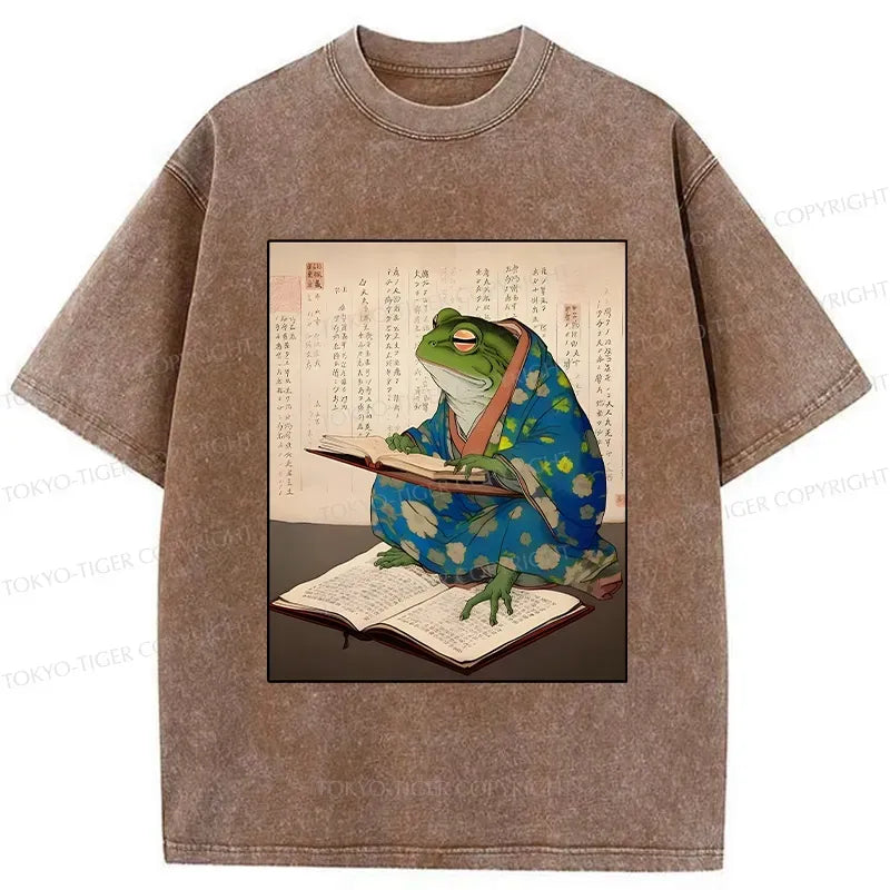 Kyoto-Lion Frog Reading Japanese Washed T-Shirt