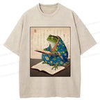 Japanese Frog Reading Washed T-Shirt