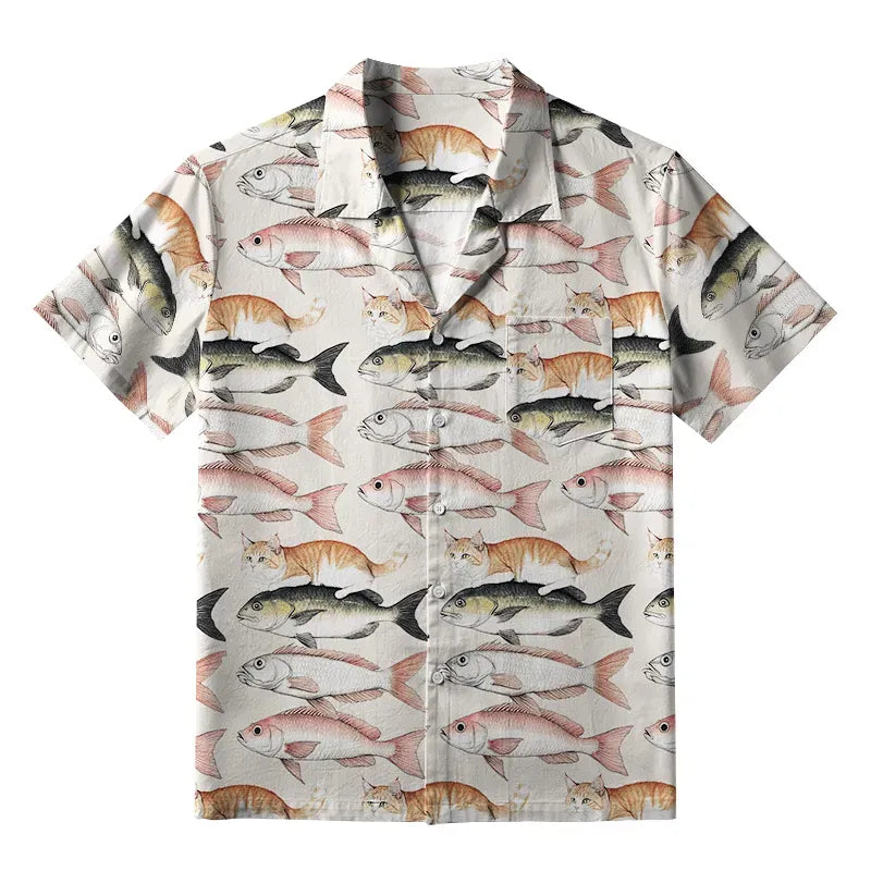 Funny cat riding fish Hawaiian shirt for summer