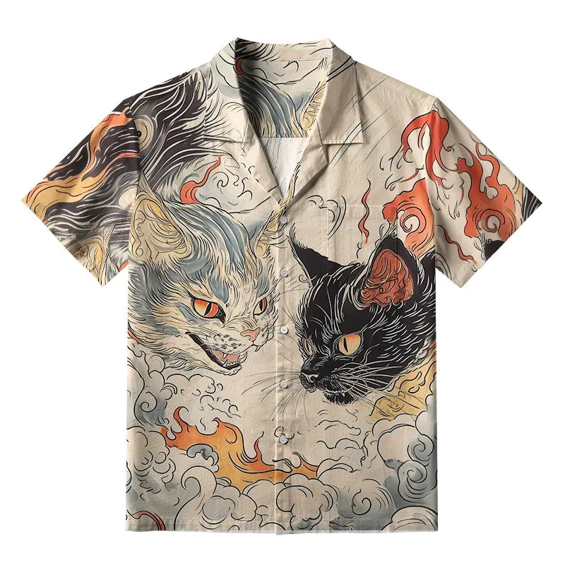 Japanese Cat Aloha Shirt for Summer Vacation