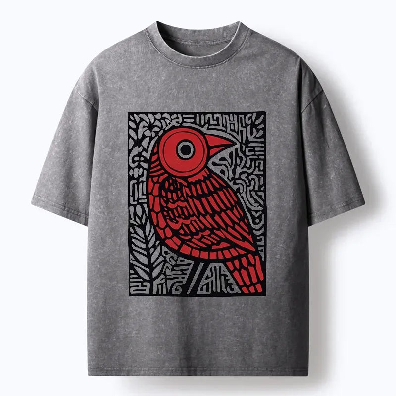 Kyoto-Lion Retro Woodblock Bird Washed T-Shirt