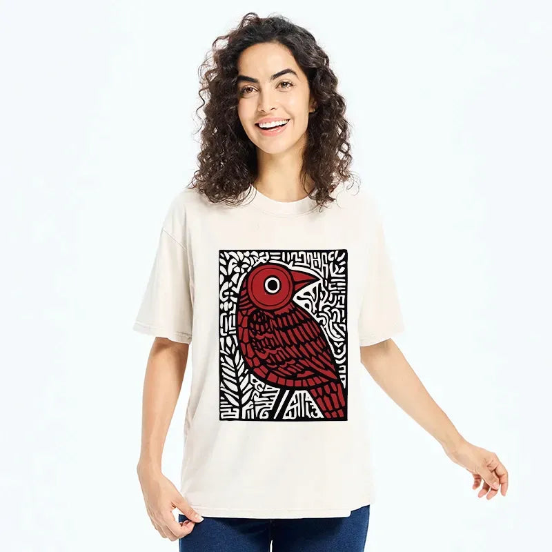 Kyoto-Lion Retro Woodblock Bird Washed T-Shirt