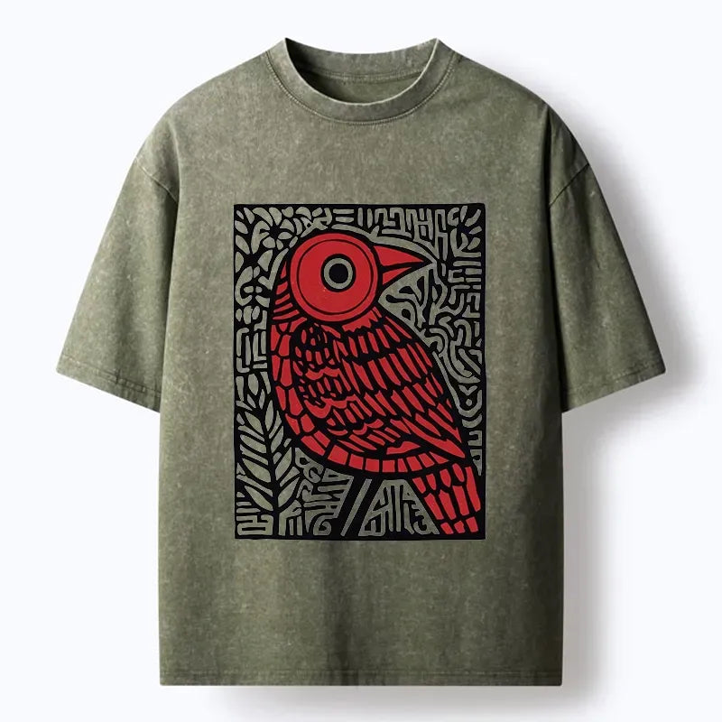Retro Woodblock Bird T-Shirt for Street Style