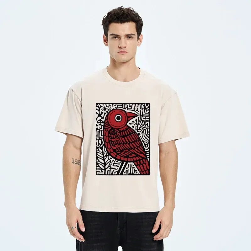 Kyoto-Lion Retro Woodblock Bird Washed T-Shirt