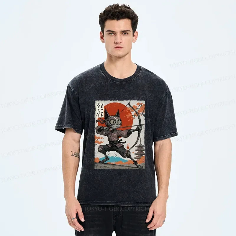 Kyoto-Lion Japanese Robot Cat Archery Washed T-Shirt