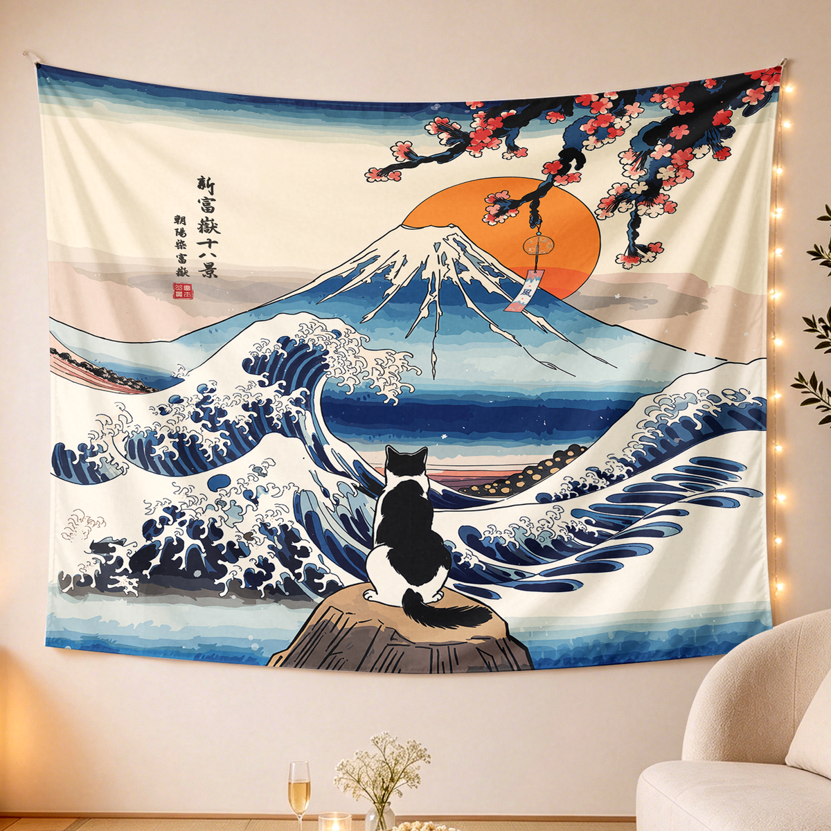 Kyoto-Lion Cat Looking At The Great Wave Tapestry