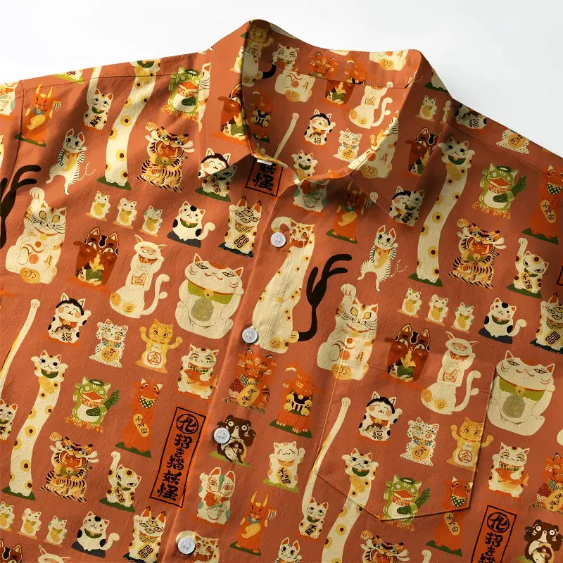 Kyoto-Lion Various Lucky Cats Button-up Shirt