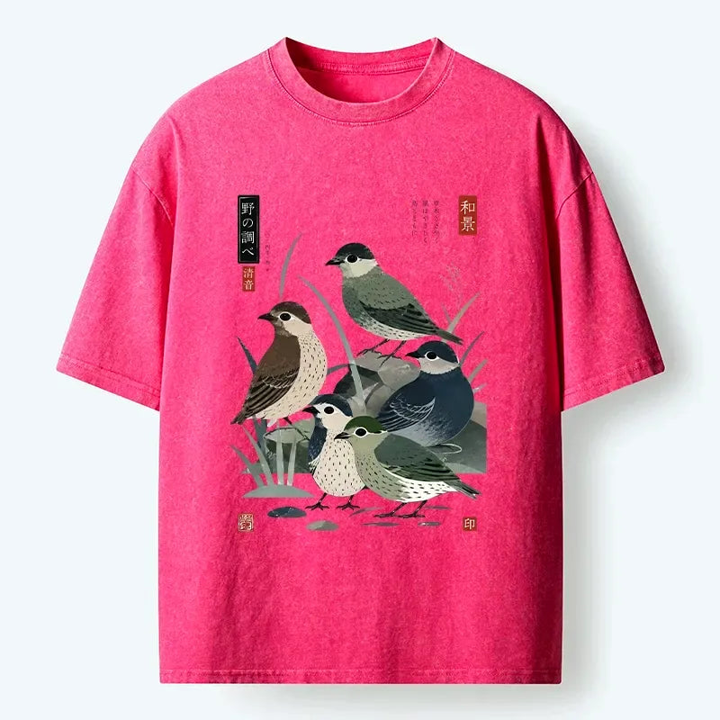Kyoto-Lion Cute Little Birds Japanese Folk Print Washed T-Shirt