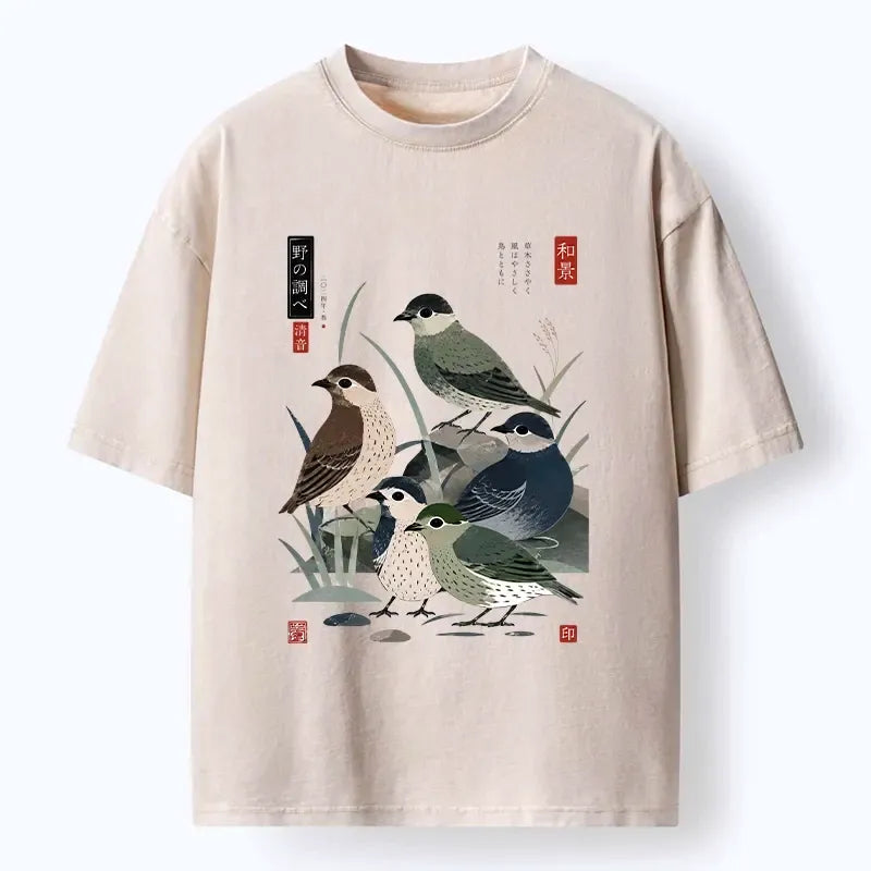 Kyoto-Lion Cute Little Birds Japanese Folk Print Washed T-Shirt