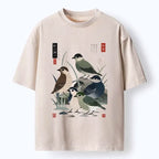 Kyoto-Lion Cute Little Birds Japanese Folk Print Washed T-Shirt