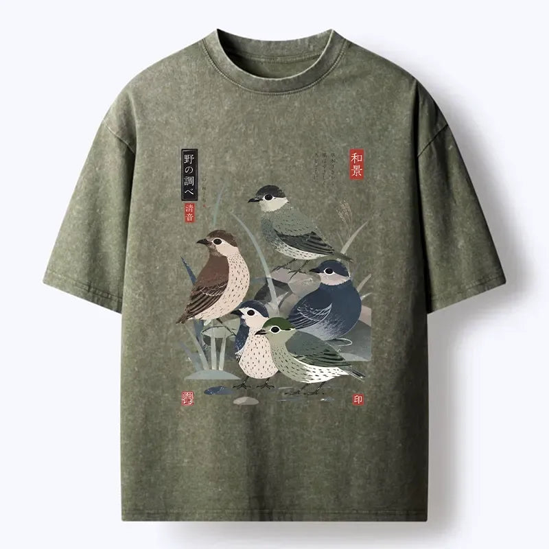 japanese folk print washed t-shirt for daily wear