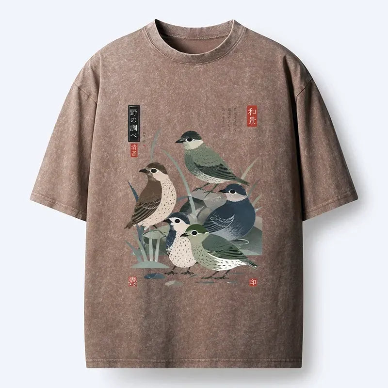 Kyoto-Lion Cute Little Birds Japanese Folk Print Washed T-Shirt