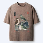 Kyoto-Lion Cute Little Birds Japanese Folk Print Washed T-Shirt