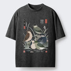 Kyoto-Lion Cute Little Birds Japanese Folk Print Washed T-Shirt