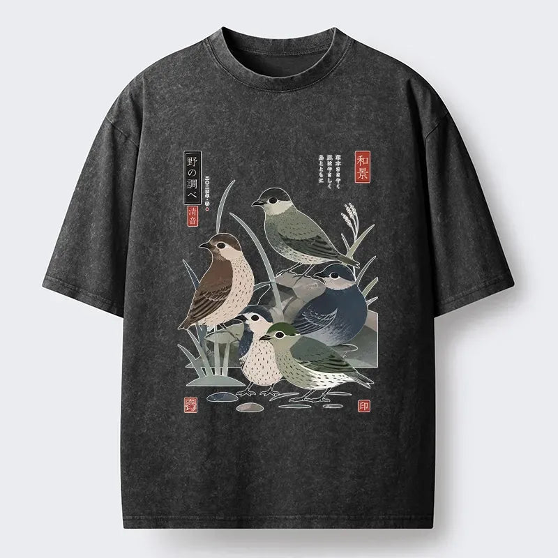 Kyoto-Lion Cute Little Birds Japanese Folk Print Washed T-Shirt