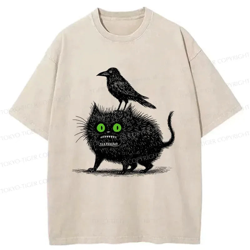 Washed Unisex T-Shirt with Black Cat Design