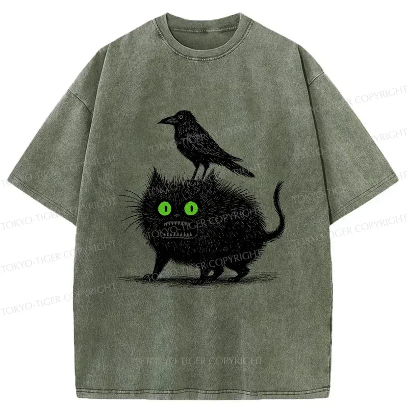 Washed Unisex T-Shirt with Black Cat Design