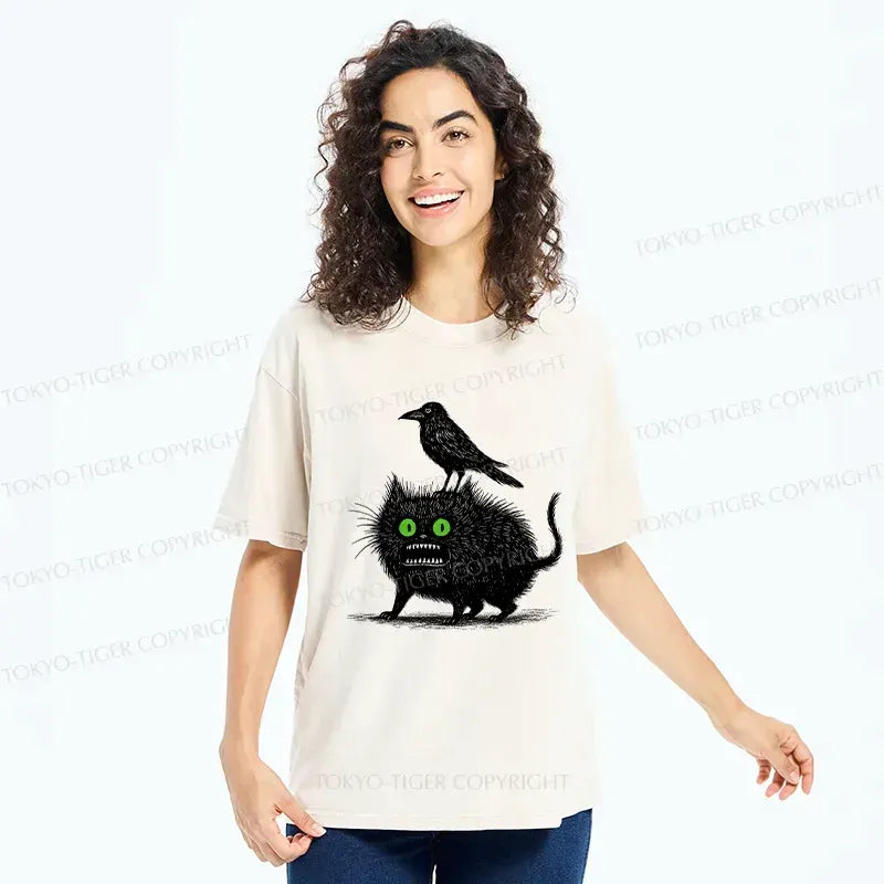 Washed Unisex T-Shirt with Black Cat Design