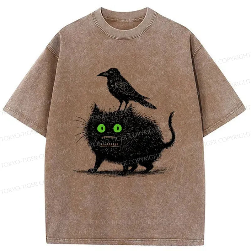 Washed Unisex T-Shirt with Black Cat Design
